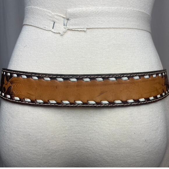 Vintage 80s RAINTREE Tooled Leather Western Belt Mens (38) Acorn Turquoise USA - Picture 8 of 8